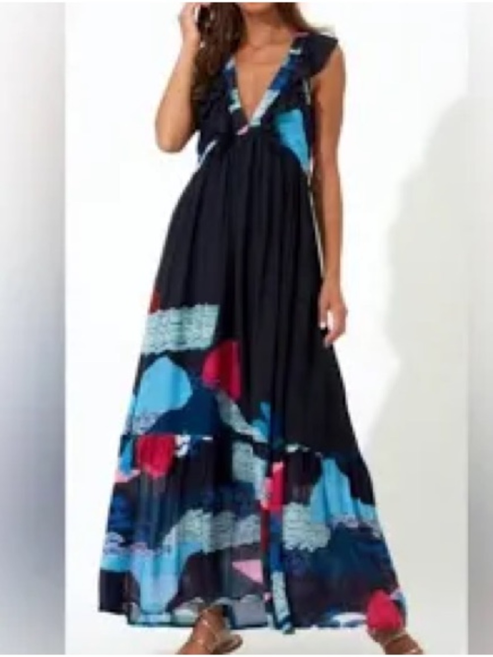 OLIPHANT Ruffle V-Neck Tiered Maxi Dress Abstract Landscape Print XS